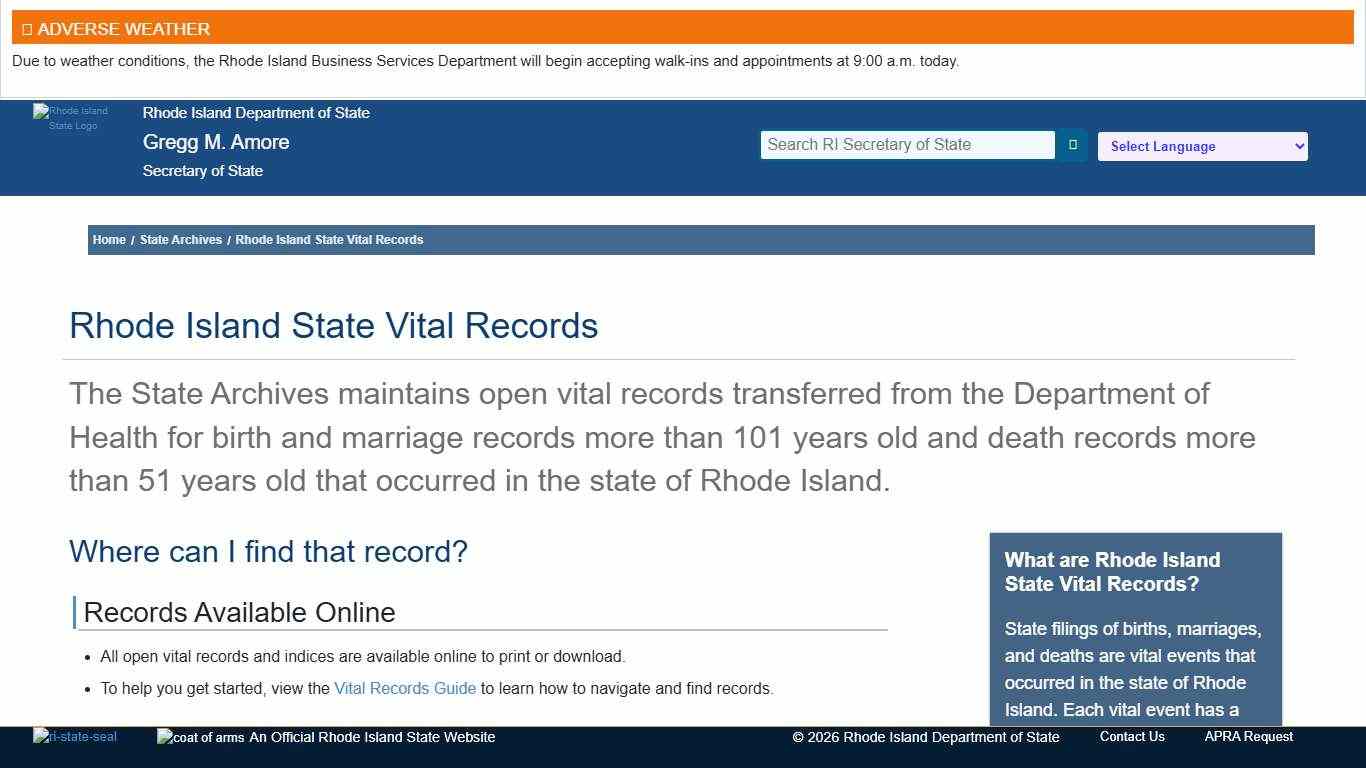 State Vital Records - Rhode Island - Gregg M. Amore