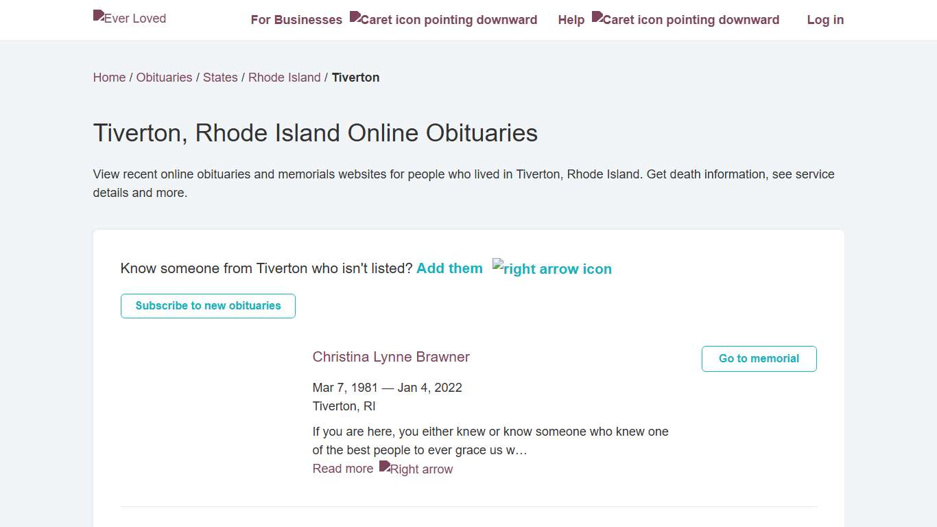 Tiverton, Rhode Island Online Obituaries Ever Loved